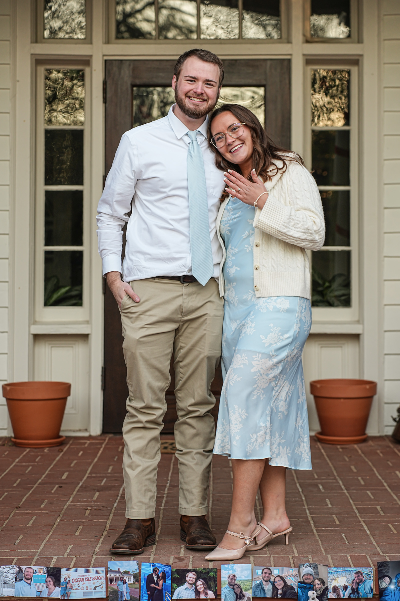 Owen and Danielle smiling at each other during their engagement shoot.